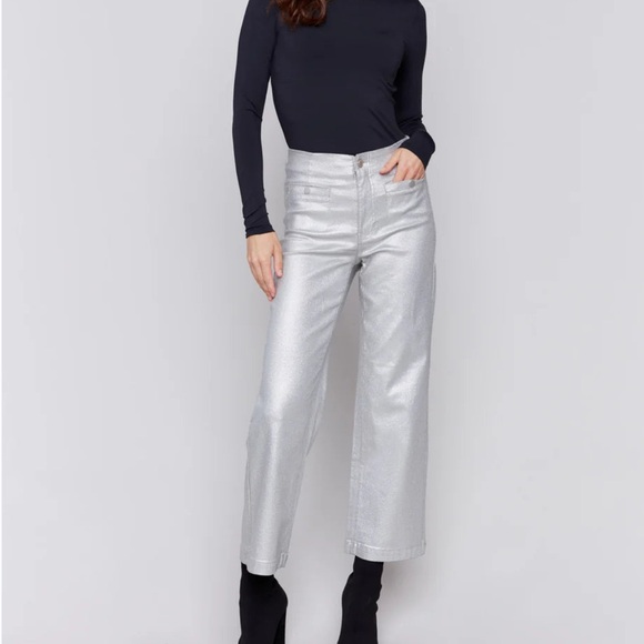 CHARLIE B Women's Argent Silver Metallic Wax Pants Flared Cropped Size 14 NEW - Picture 1 of 14